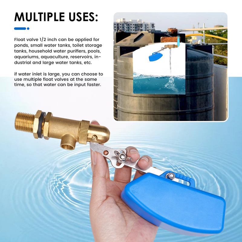1/2 inch Brass Float Valve, Water Float Ball Valve with Adjustable Arm, Automatic Fill and Shut Off Water Tank Float Valves for Ponds, Water Trough, Aquaculture, Reservoir (2, blue) 2