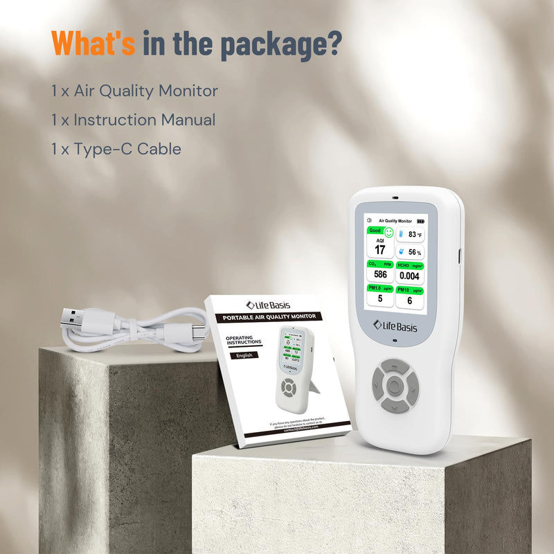 LifeBasis Air Quality Monitor Indoor, 10-in-1 Air Quality Detector with Stand, Real-Time Air Meter Test AQI, PM1.0, PM2.5, PM10, CO2, TVOC, HCHO, Particles, Temperature and Humidity with Alert -White White