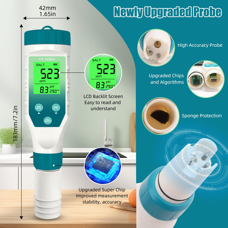 [Australia - AusPower] - 5-in-1 Digital Pool Water Tester, Salinity & pH Meter with 12.88mS Calibration Solution – Saltwater Pool & Spa Monitor, TDS EC Temp Tester for Hot Tubs, Aquariums, Hydroponics 