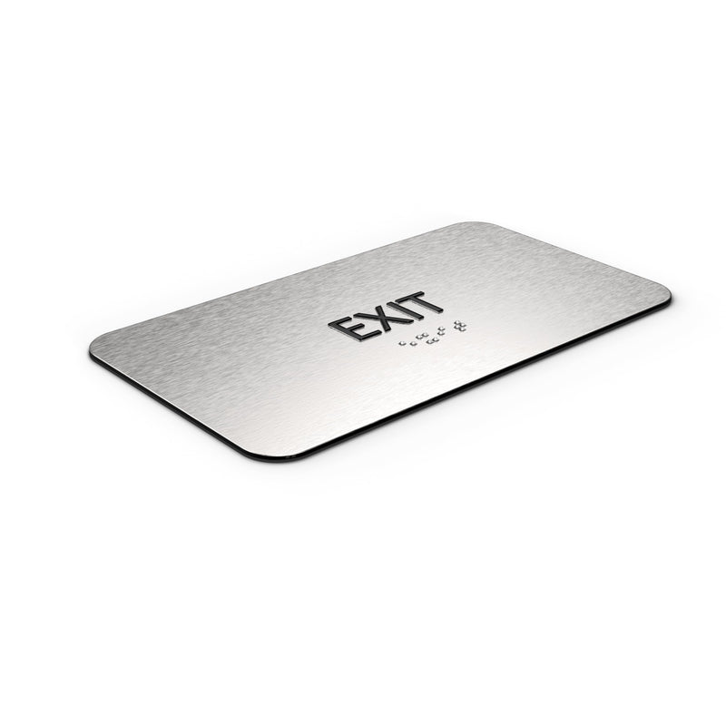 Exit Sign, Informational Business Sign, Aluminum Brushed Silver, 4" H x 7" W with Heavy Duty Double Sided Mounting Tape for Office, Business, retail, medical