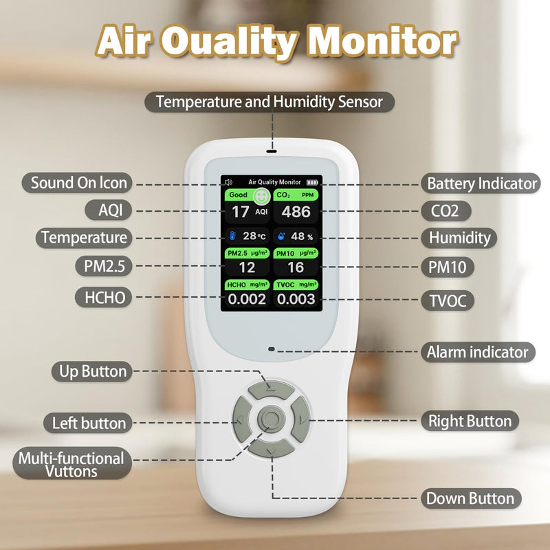 [Australia - AusPower] - 11-in-1 Air Quality Monitor - Portable Indoor Air Quality Detector with Stand, Real-Time Test for AQI, CO2, PM2.5, PM1.0, PM10, TVOC, HCHO, Particles, Temperature & Humidity with Aler (White-Black) White-Black 