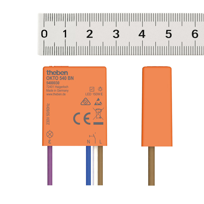 Theben 5400030 OKTO 540 BN Mini Flush-Mounted Push Switch Silent | Ultra-compact 32.7 x 26.6 x 9.6 mm, 150 W LED, pre-assembled cable, 0.2 W stand-by, zero crossing circuit