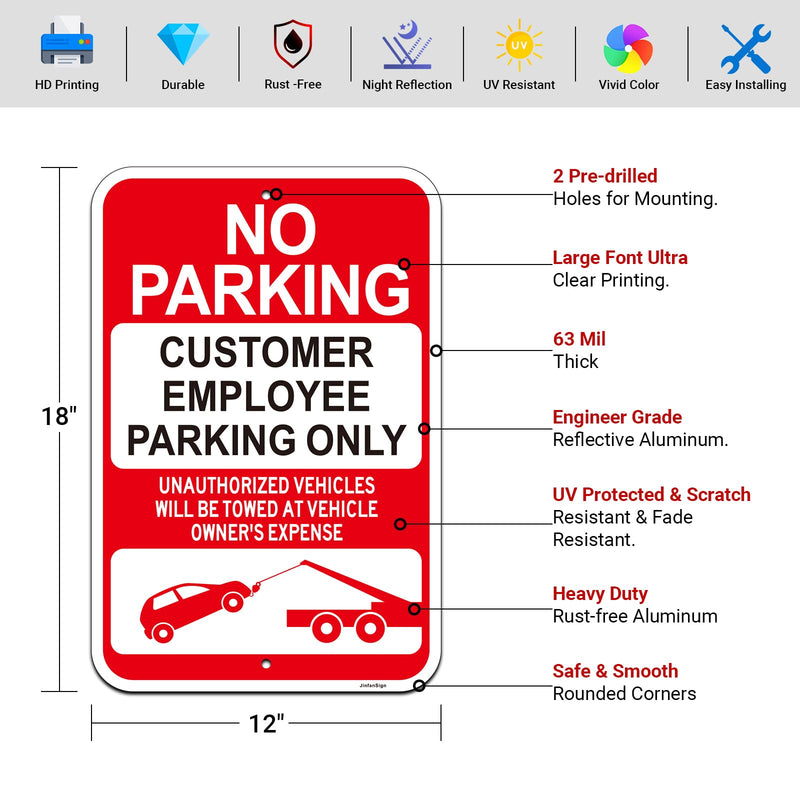 2 Pack Large No Parking Signs, Customer/Employee Parking Only Sign, 18"x12" Customer Parking Sign, Engineer Grade Rust Free Reflective Aluminum, Fade/Weather Resistant, UV Protected, Easy to Install