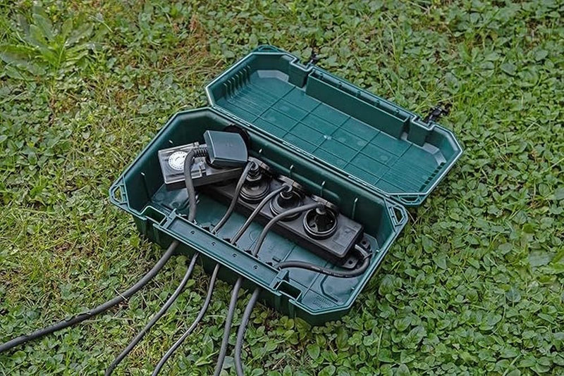 Electraline 300180 Waterproof Protective Box for Outdoor Electrical Connections Weatherproof IP54 with 5 Cable Outlets (from 7.5 mm to 12.4 mm), Dimensions 390 x 228 x 138 mm, Green, Empty X-Large X-Large Empty
