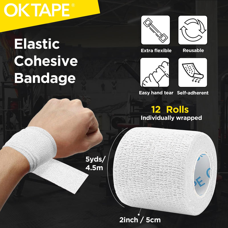 [Australia - AusPower] - OK TAPE 12 Rolls Self Adhesive Bandage Wrap, Elastic Athletic Tape, Self Stick Bandage Tape, Vet Wrap, Medical Wrap for Wrist, Feet, 2" x 5 Yards - White 2 Inch 