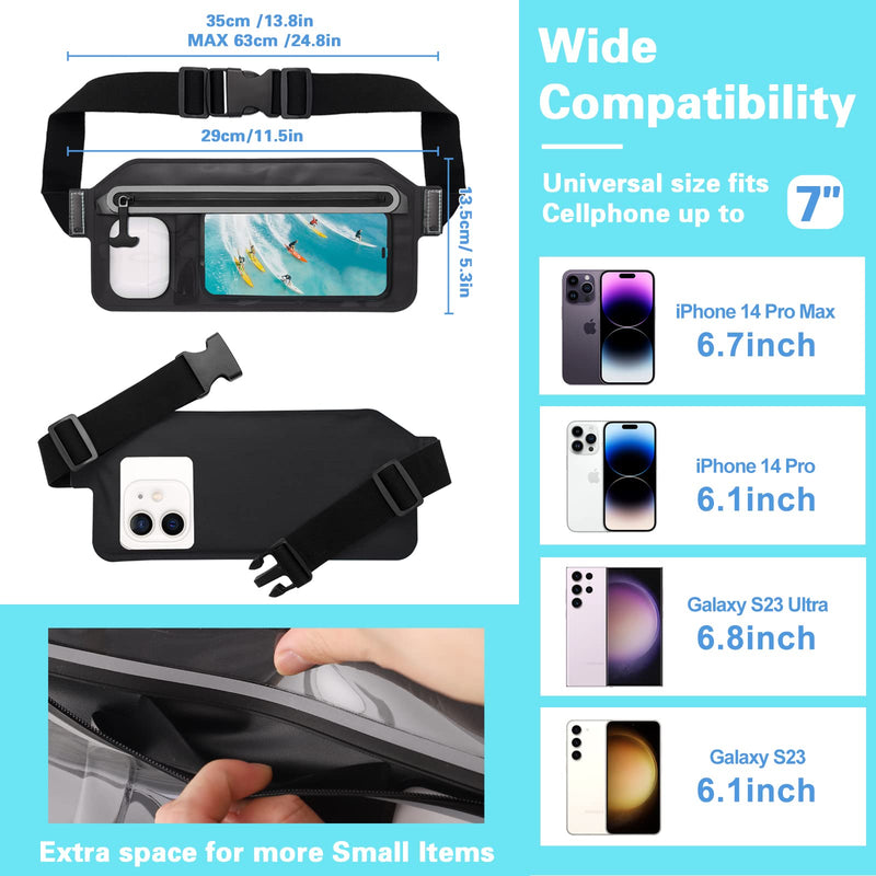 [Australia - AusPower] - Waterproof Phone Pouch,IPX8 Waterproof Phone Case with Adjustable Waist Strap,Compatible with iPhone Whole Series Galaxy Whole Series up to 7",Waist Bag for Beach, Boating,Swim,Black Black 