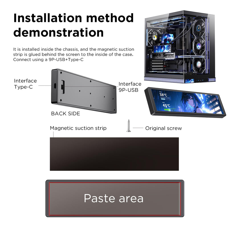 TZMRIT 9.16 Inch Universal LCD Screen Display for PC, Customizable ARGB Frame, Temperature Display Panel, Mini Monitor, with Preset & DIY Themes for Gaming PC Case/CPU Cooler (BK) Bk