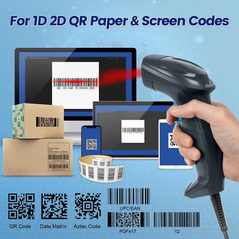[Australia - AusPower] - OBZ 1D 2D Barcode Scanner with Stand, USB Wired Handheld QR Code Scanner Supports Screen Scan, Portable Automatic CMOS Image Bar Code Reader for Store, Library, Warehouse, POS and Computer Plug & Play USB handheld Scanner with Stand 