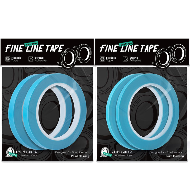 FOSHIO 4 Rolls Fine Line Tape, 2 Rolls 1/4 in x 36 yd and 2 Rolls 1/8 in x 36 yd Vinyl Tape for DIY, Flexible Pinstripe Tape for Paint Masking Striping, Color Separation and Complex Designs