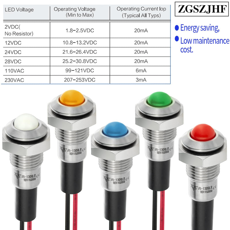 [Australia - AusPower] - Mini Indicator Light 8mm 0.31" Waterproof Domed Sphere High Head Metal Stainless steel Signal Lamp 110V/120V LED Pilot Light with 140mm/5.5" Red 110-120V DC/AC 