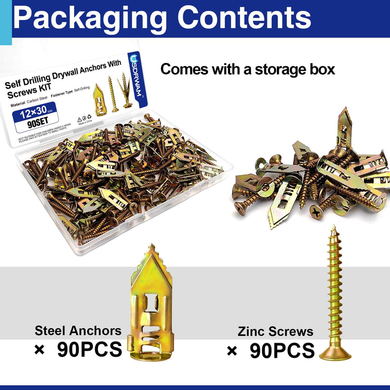 [Australia - AusPower] - 90Pcs Self Drilling Drywall Anchors with Screws, Metal Expansion Bolt for Drywall, Screw Anchors Heavy Duty 90 