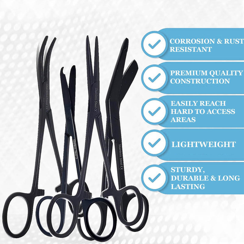 [Australia - AusPower] - Set of 4 Bandage Scissors 5.5", Stitch Scissors 4.5" and Hemostat 5.5" Straight Curved Made of Premium Quality Stainless Steel (Jet Black) Jet Black 