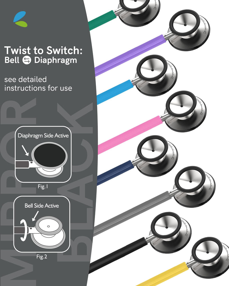 [Australia - AusPower] - FriCARE Dual Head Stethoscope - Stethoscopes for Nurses, Medical Nursing Students, Paramedics/EMT/LVN/VNA Backup - FSA/HSA Eligible Estetoscopio, Black Tube, Stainless Steel Chestpiece Mirror Black 