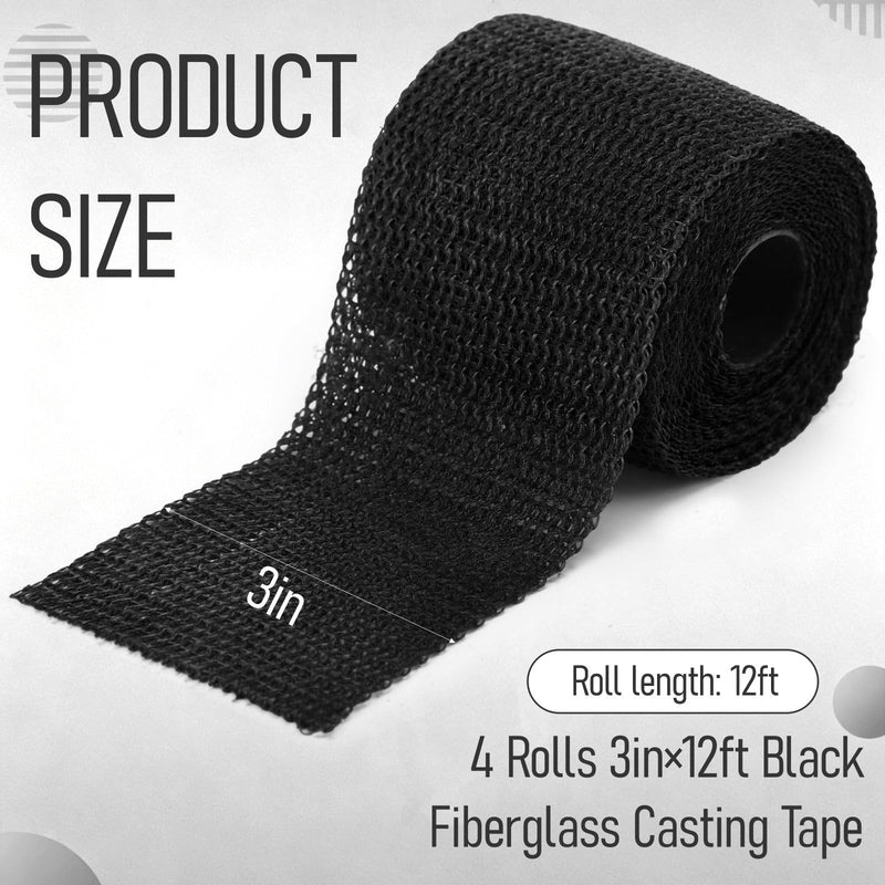Geiserailie 4 Rolls Fiberglass Casting Tape 3 Inch x 12 ft, Bright Lightweight, Breathable Support Foot Cast Tape for Injury Stabilization, Quick-Setting and Water-Resistant(Black) Black