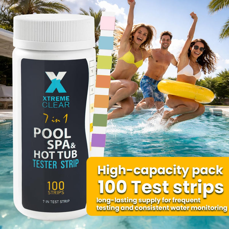 7-in-1 Swimming Pool Hot Tub & Spa Test Strips, 100 Count Pool Water Test Kit for Bromine, Chlorine, pH, Alkalinity, Hardness, Cyanuric Acid – Quick & Accurate Pool and Spa Water Testing