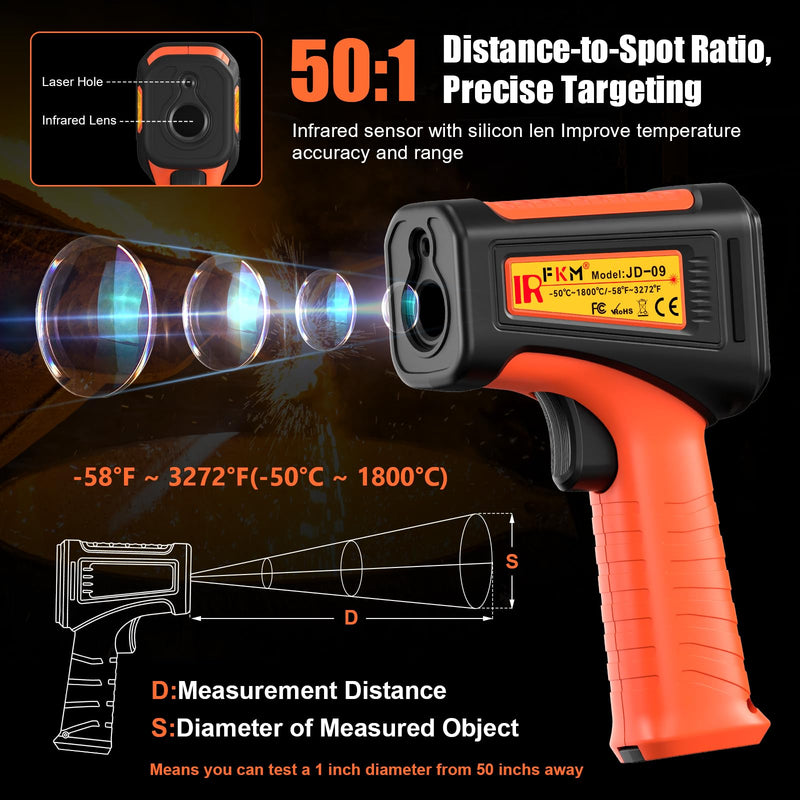 50:1-58°F ~3272°F FKM Infrared Thermometer High Temperature Gun,Non Contact Digital IR Temp Gun,High Precision Laser Thermometer Gun for Cooking,Kilns,Forges,Engine,HVAC,Industrial and Home Repair Orange