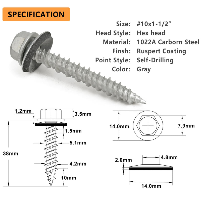 [Australia - AusPower] - #10 x 1-1/2" Hex Head Sheet Metal Roof Screws, Rustpert Coating Metal to Wood siding Screws, 60 Pieces 