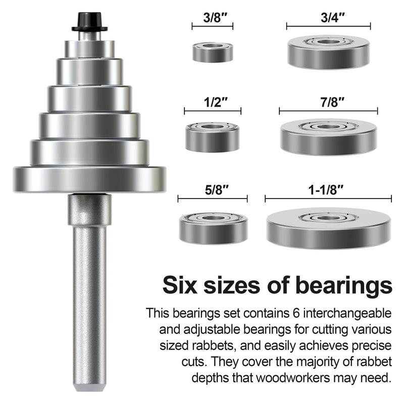 Rabbet Router Bit Set 1/4 Shank, Rabbeting Router Bits 1pcs with 6 Bearings for Interchangeable and Adjustable Multi Depths Cutter 1/8", 1/4", 5/16", 3/8", 7/16", 1/2" 1/4 Inch Shank 1-Piece Set 2" Dia - 3/16" CL
