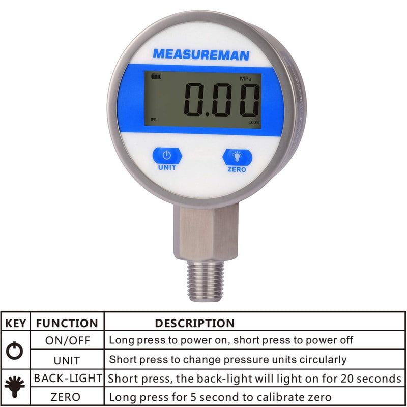 [Australia - AusPower] - MEASUREMAN 2-1/2" dial, Digital Industrial Pressure Gauge with 1/4" NPT Lower Mount, Stainless Steel case and Connection, 0-1000psi/bar, 1%,Battery Powered, with LED Light 2-1/2" Dial, 0-1000psi 1% 