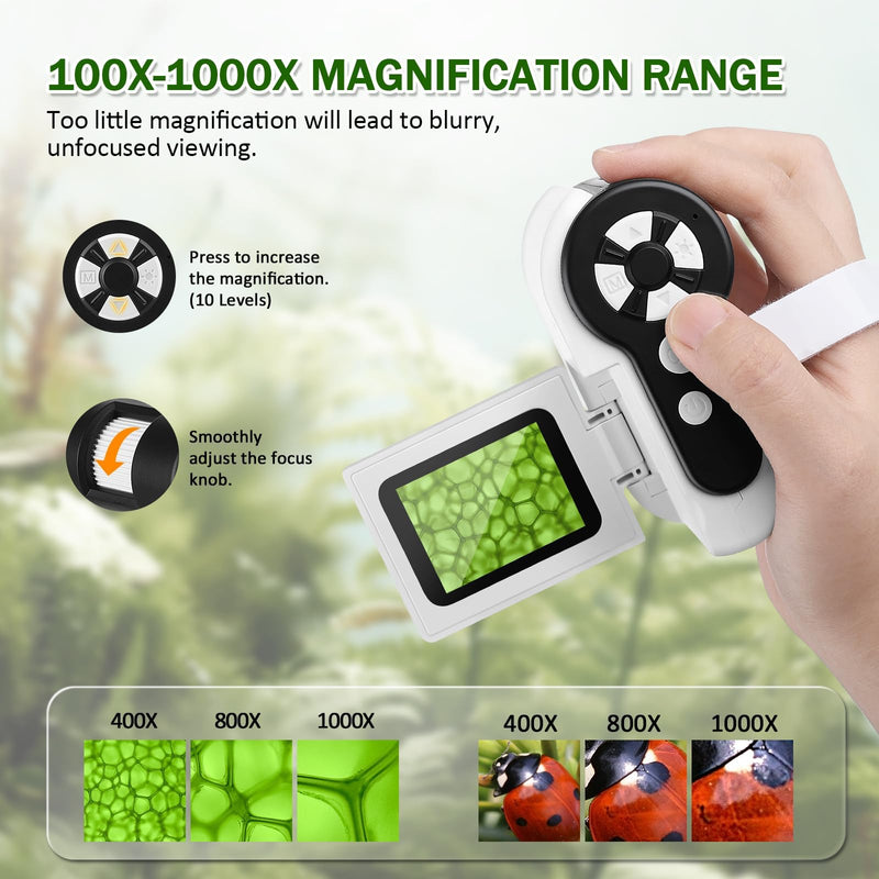 [Australia - AusPower] - Pocket Microscope for Kids, 1000X Handheld Kids Microscope with 6 Adjustable LED Lights, 2'' LCD Screen Mini Portable Microscope for Kids, 32GB SD Card Including Back to School Supplies White 