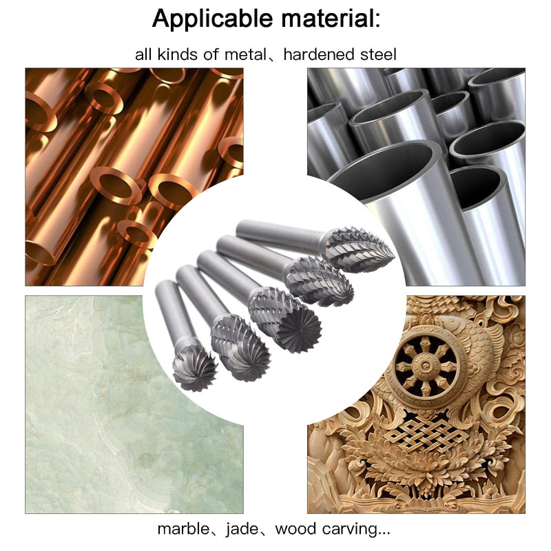 [Australia - AusPower] - HPMAISON 5 Piece Rasp Set, Carbide Burr Set, 6 x 10 mm Drill Ball Mill, Cylinder Cutter, Tenon Mill, Cone Cutter for DIY, Metal Carving, Drilling, Polishing Hartmetall Rotationsfräser-Set mit 6mm Schaft 