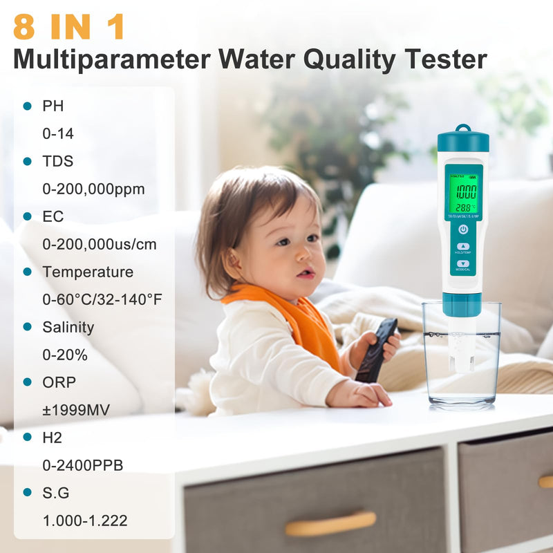 [Australia - AusPower] - PH Meter Water Quality Tester 8 in 1 TDS Meter PH/TDS/EC/ORP/S G/Salinity/ H2/ Temp Meter for Drinking Water, Pools, Hydroponics, Sea Water, Liquid Fertilizer 