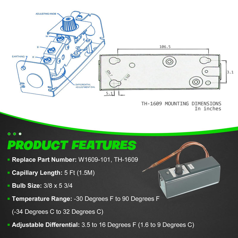 [Australia - AusPower] - LEAPTREND W1609-101 Thermostat Temperature Controller Refrigeration Remote Bulb TH-1609, from -30 Degrees F to 90 Degrees F (-34 Degrees C to 32 Degrees C), 5 Ft Capillary 