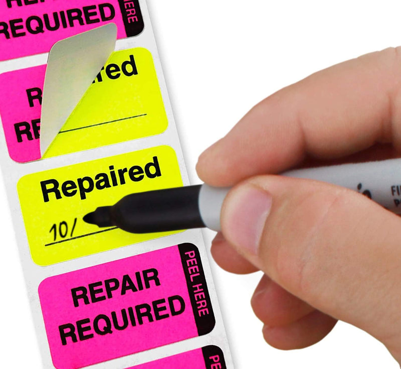 ChromaLabel 1 x 1.50 Inch Fluorescent Pink and Yellow Double Layer Quality Control Label, 250 per Dispenser Box, Imprinted: Repair Required, Repaired