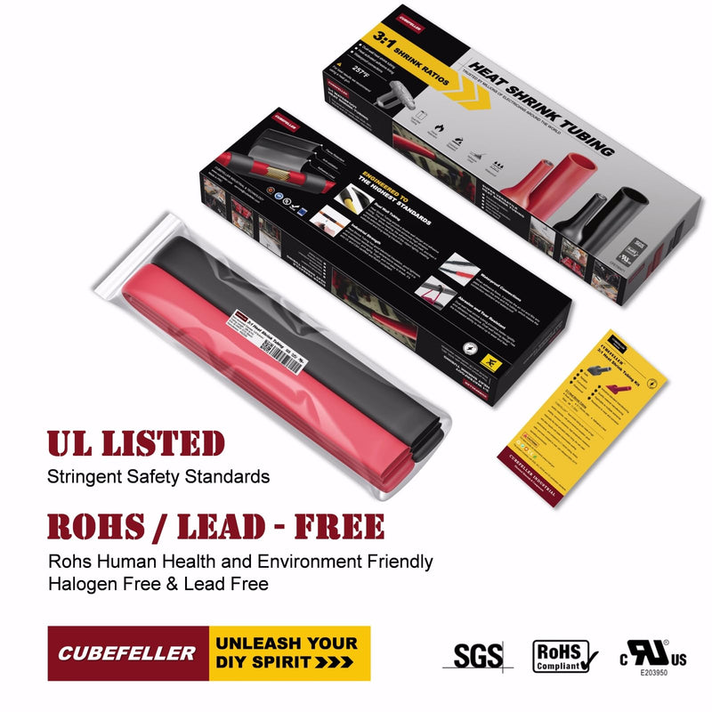 [Australia - AusPower] - CUBEFELLER® 3:1 Ratio 1/2 Inch (12.7mm) Heat Shrink Tubing Kit,Black 4ft & Red 4ft (2.5M Total Length), Marine Grade Waterproof Adhesive Lined, Insulation Sealing Oil-Proof Wear-Resistant,ET0812BR 12.7mm (1/2") - 4ftt *2 Red & Black 