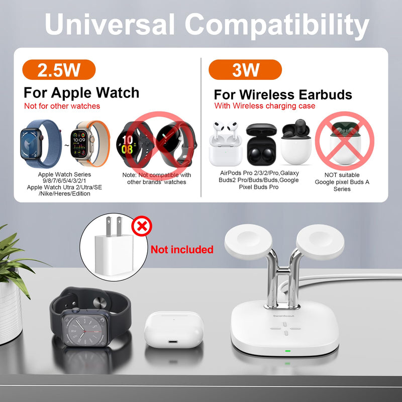 [Australia - AusPower] - Dual Watch Charger Stand for Apple Watch, 3 in 1 Wireless Charging Station Stand Compatible with Apple Watch Ultra 2/9/8/7/6/5/3/2/SE, Wireless Charger Dock for Airpods Pro 2/3/2 (White) White 