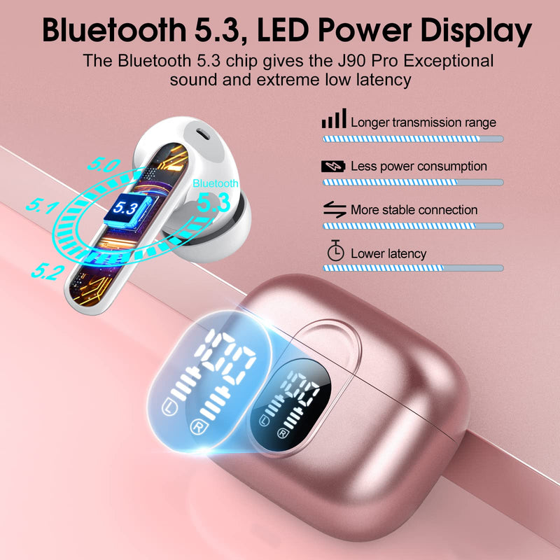 [Australia - AusPower] - Wireless Earbuds, 2024 Bluetooth Headphones 5.3 HiFi Stereo Earphones, 40H Playtime in-Ear Earbud, Bluetooth Earbud with Dual Mic Call, IP7 Waterproof Earphones Sport Headset for iOS Rose 