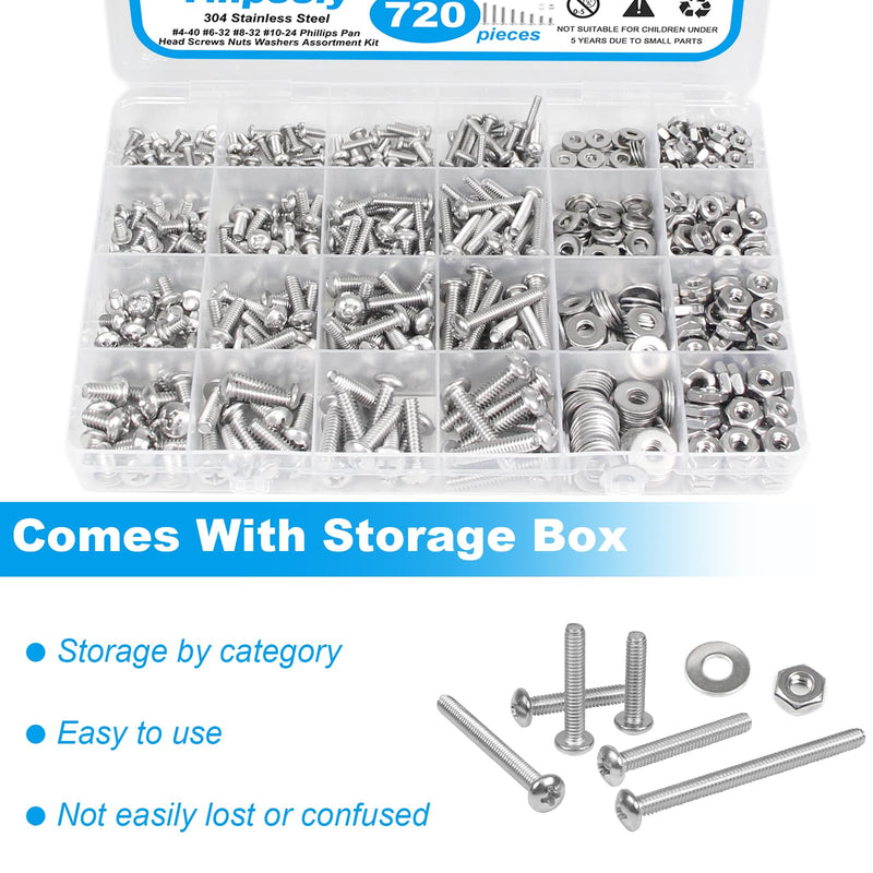 720pcs #4-40#6-32#8-32#10-24 Phillips Pan Head Machine Screws Nuts Washers Assortment Kit,304 Stainless Steel, Coarse Thread, Fully Machine Thread #4-40 #6-32 #8-32 #10-24