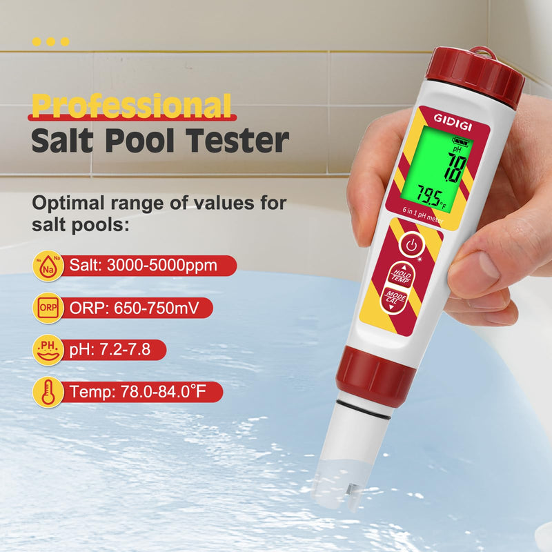 Digital pH Meter Pool Salt Tester,ORP Meter for Drinking Water,GIDIGI pH PPM for Hydroponic,6 in 1 TDS EC Salt Tester with ORP 222mV Calibration Solution for Aquariums,Spa,Drinking Water,Brewing Yellow 6-in-1 pH Meter