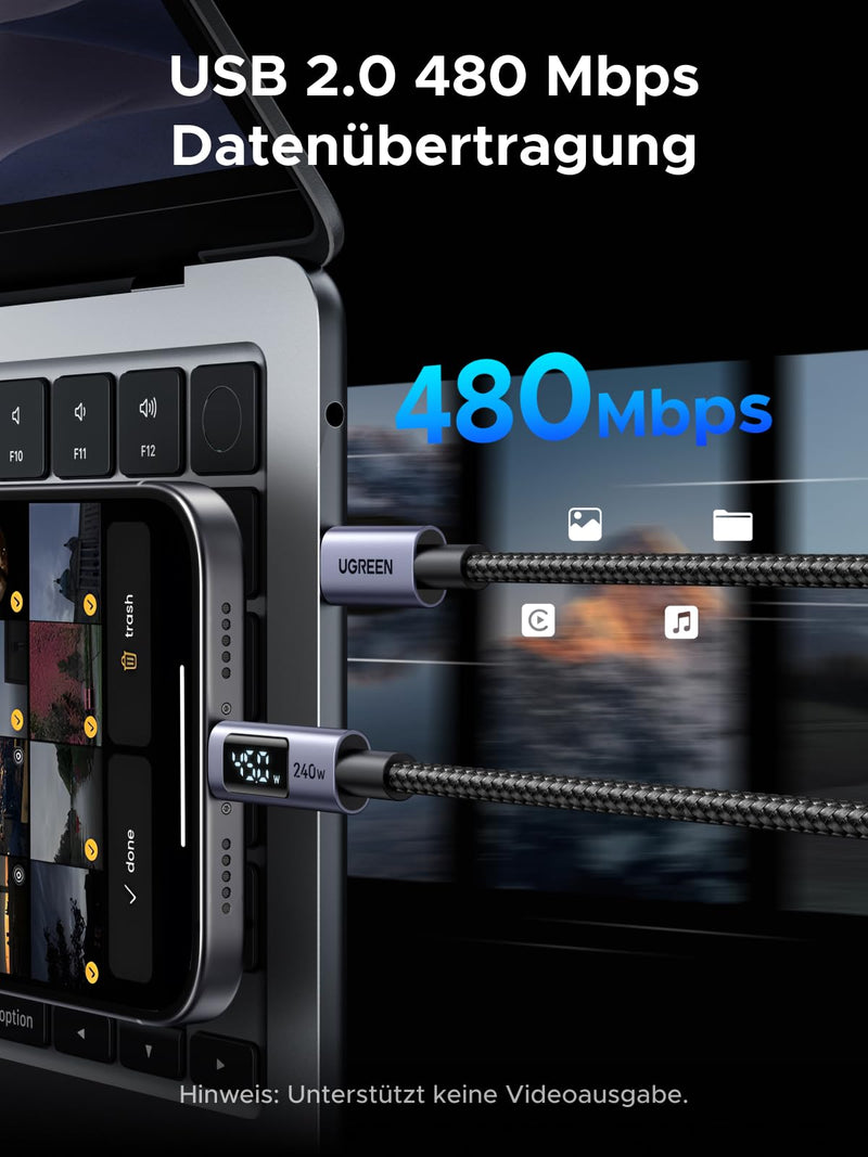 UGREEN 240W USB-C Cable with Digital Display PD3.1 Fast Charging Cable | USB-C to USB-C cable with charging power indicator and e-marker for iPhone 17/16 series, Galaxy S26, MacBook, iPad Pro 2 meters