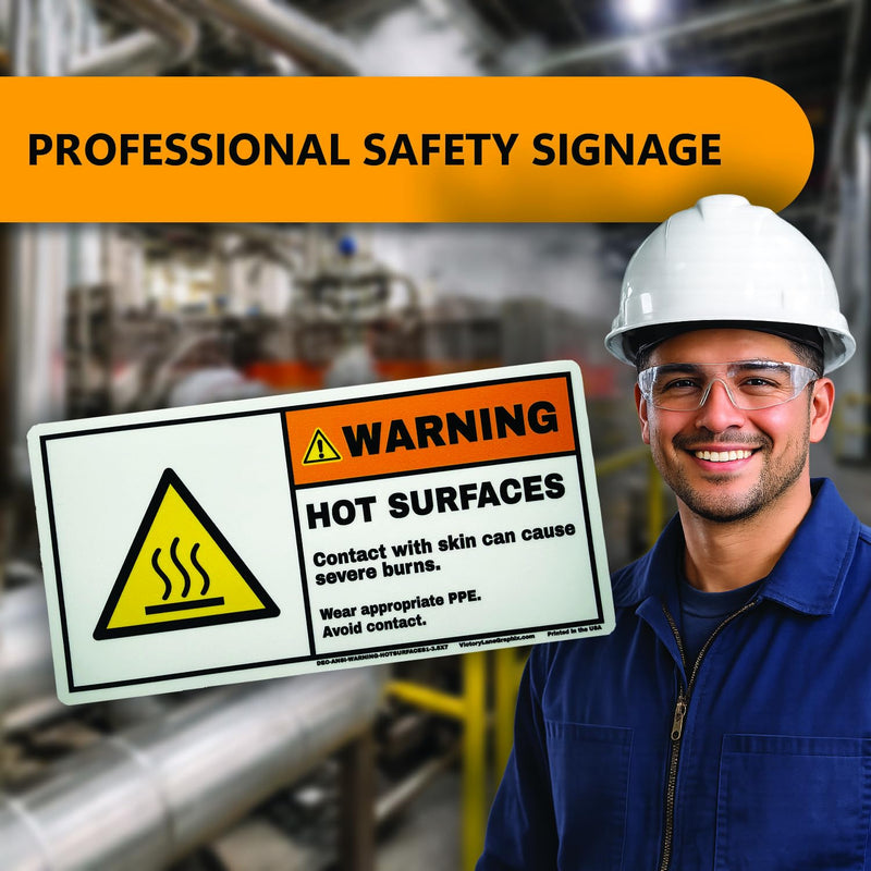 Hot Surface Warning Labels – ANSI Z535 Style WARNING Decals, 3.5” x 7” (Pack of 10) | Burn Hazard, PPE Required | Industrial Safety Stickers by Victory Lane Graphics