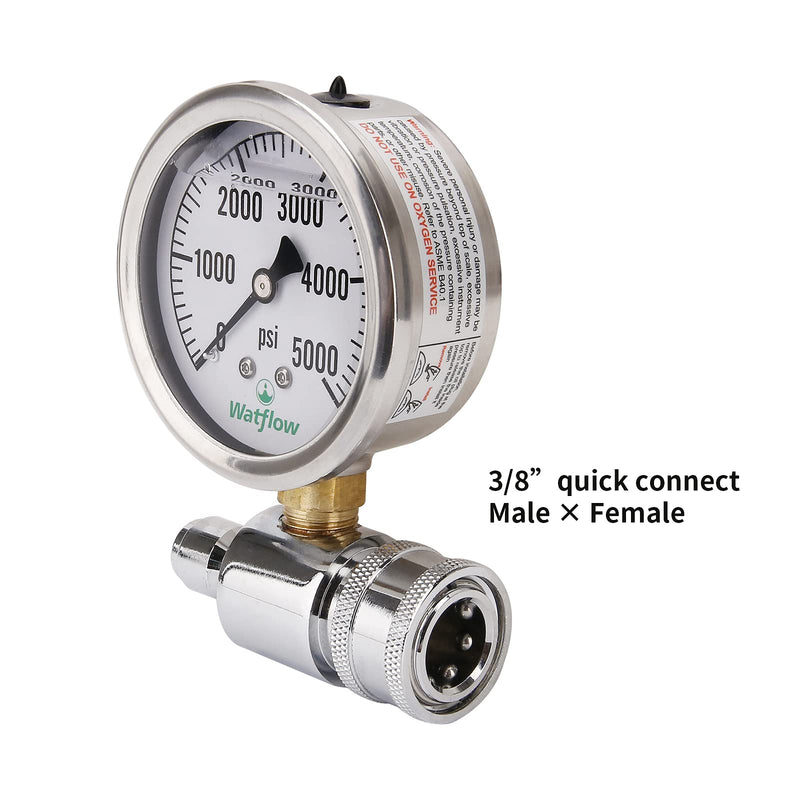 2-1/2" Pressure Washer Pressure Gauge Kit, 3/8 Inch Quick Connect, 0-5000 PSI, Liquid Filled