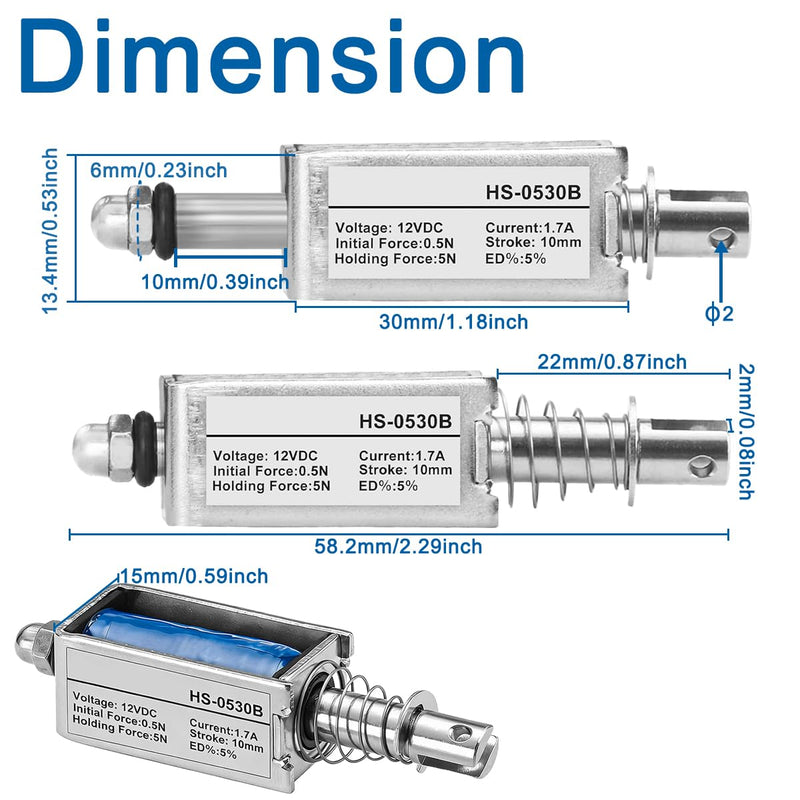 Pack of 2 12 V DC Electromagnet (Push Pull) for HS-0530B, 1.7A, 10 mm stroke, 5N, 0.5N, 5%, 20.4W, Open Design, Linear Drive with CH2 Connection for Mechanical Household Appliances