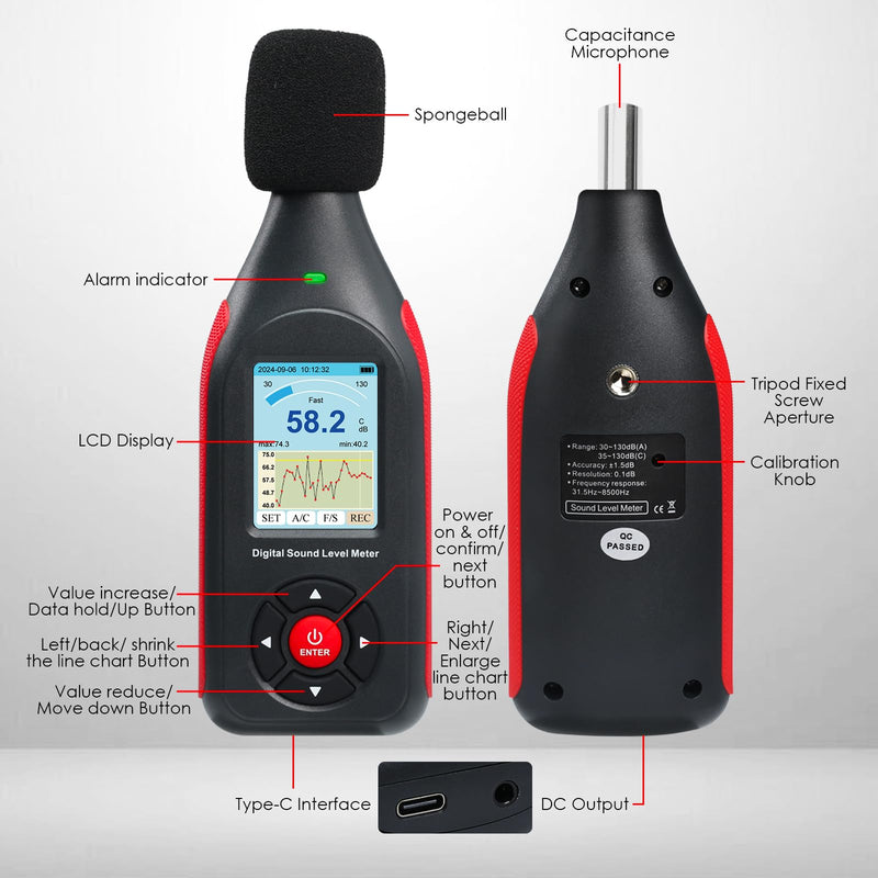 [Australia - AusPower] - Dezibel Meter Data Logger Sound Level Meter with 43,000 Records Visual Alarm, A/C Frequency and DC Output Digital Sound Level Meter for Home, Factory, Classroom etc Lcd Graphic Display 