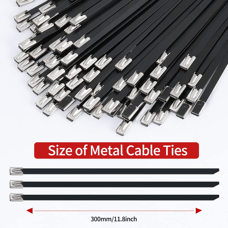 [Australia - AusPower] - Metal Zip Ties black 100pcs 11.8 inch 304Stainless steel Epoxy Coated Cable Tie Multi-purpose Self-locking Cable Ties used for machinery, vehicles, farms, cables, pipesas well as Outdoor binding 