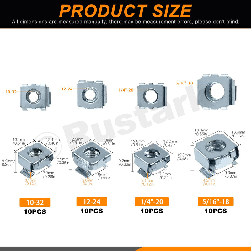 [Australia - AusPower] - 40Pcs 4 Sizes Silver Carbon Steel Cage Nut SAE Zinc Snap-in Cage Nuts Square Rack Mount Clip Nuts Captive Nut Rack Nuts for Server Shelve Cabinet 40Pcs 4 sizes Cage Nut 