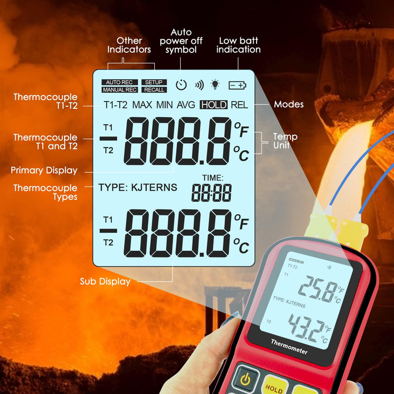 [Australia - AusPower] - Thermocouple Thermometer Digital K/J/T/E/R/S/N Type Thermocouple,Dual Channel Thermocouple Tester(-238~3212℉) with 4 K-Type Thermocouples LCD Display Temperature Tester Red 