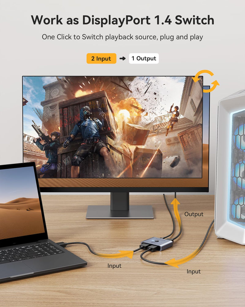 [Australia - AusPower] - Vilcome DisplayPort Switch 8K Splitter, Plug & Play, One-Button Switching, Bidirectional Display Port Switcher Box 2 in 1 Out/ 1 in 2 Out, 8K@60Hz, 4K@120Hz, 1080P@240Hz for PC Monitor Laptop (Gray) Gray 