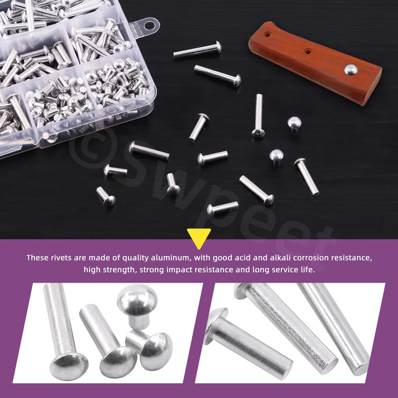 [Australia - AusPower] - Swpeet 330Pcs M4 × 6mm 10mm 14mm 20mm 25mm Solid Aluminum Brazier Head Rivets, Aluminum Rivet, Plain Finish, Universal Head, High Corrosion Resistance for Repairing Boats, Aircraft, Making Armor 