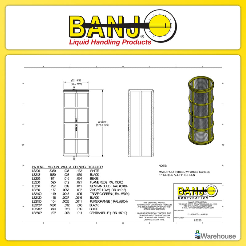 [Australia - AusPower] - Genuine Banjo LS280 Replacement 80 Mesh Stainless Steel Screen for 1-1/2" - 2" Y Strainers with Bonus Mesh Screen Color Chart Keychain 