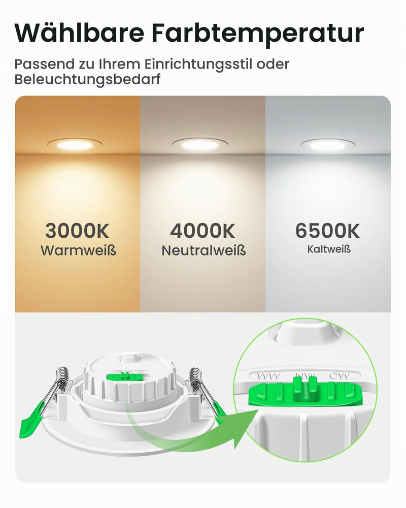 Alusso LED Recessed Spotlight 230 V Dimmable | 75-78mm 45° Tilt 6W 540lm, 3000K Warm White 4000K Neutral White 6500K Cool White for Kitchen, Height 1 inch, White, Set of 6 White, 3cct (3000/4000/6500k) Neigung Abnehmbar, Ø75-78mm Lochmass