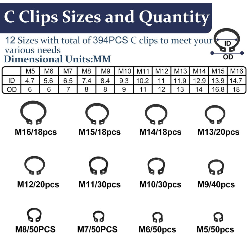 [Australia - AusPower] - ZQZ 840Pcs C Clips Assortment (M5-M16) and E Clips Assortment Set (2.0mm-12mm), External Retaining Rings, 24 Sizes Snap Rings Assortment Kit, Black Carbon Steel Circlip Retaining Clip Black carbon 840pcs e-clips+c-clips 