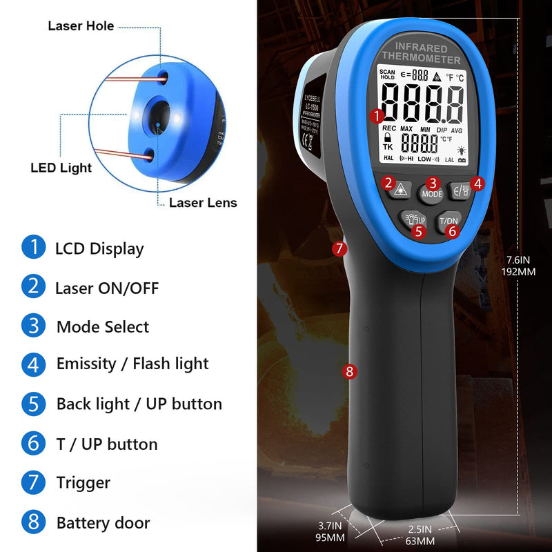 [Australia - AusPower] - Infrared Thermometer Temperature Gun -58℉~2732℉ Laser No Touch Thermometer Digital Thermal High Temp Gun with Adjustable Emissivity IR Pyrometer for Cooking Kiln Car Engine Industry (NOT for Human) 