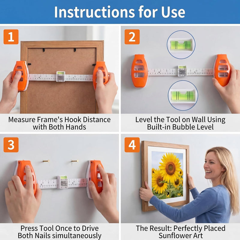 Level Ruler Picture Hanging Tool with Spirit Level, 3-in-1 Precision Ruler with Marking Function, with Built-in Spirit Levels, Perfect for Aligning Frames, Mirrors, Shelves and Wall Art