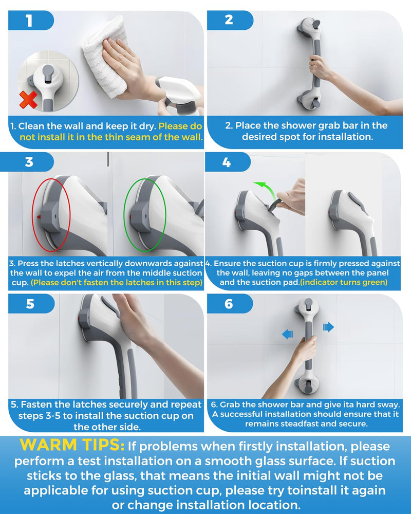 2 Pack 16.5" Suction Grab Bars for Showers with Safety Indicator, No-Drill 4mm Thickened Handicap Shower Handle for Seniors, Non-Slip Bathroom Balance Rail for Smooth Tiles & Tubs Gray White