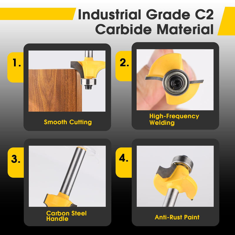 [Australia - AusPower] - 4PCS Router Bit Set Feanron Router Bits 1/4 inch Shank, Roundover Router Bit Cutting Diameter in 1/8", 1/4", 3/16", 5/16", CNC Router Bits Edging Cutter for Woodworking Forming Molding Profiling Chrome Yellow 